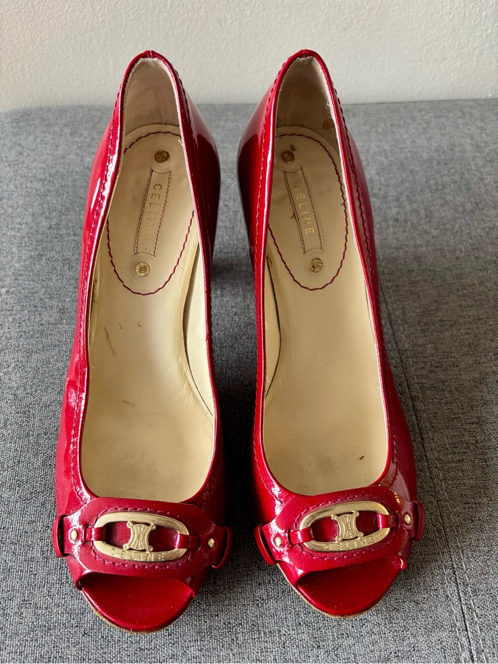 Celine Red Patent Leather Peep-Toe Heels with Gold Accent